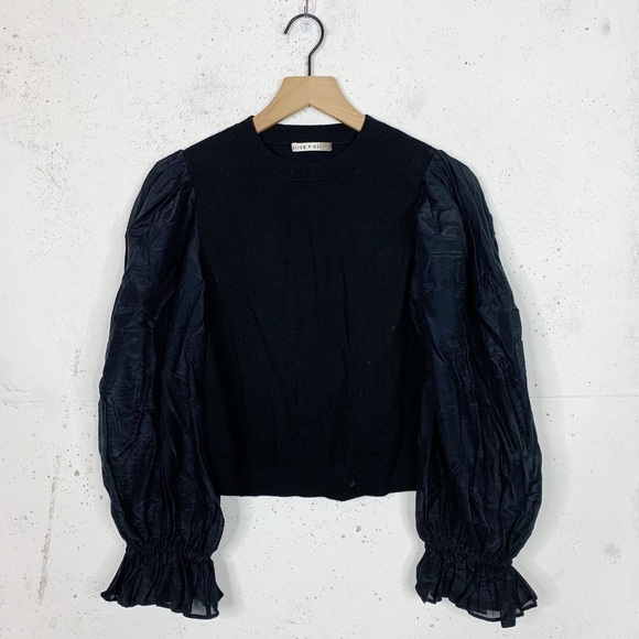 Alice + Olivia Kirie Poet Balloon Sleeve Silk Black Blouse Top Size Large - Picture 1 of 11
